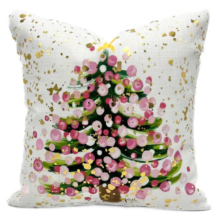 Gold Foil Baby Pink Splatter Tree Pillow for wholesale by Rachel Brooks Design, LLC