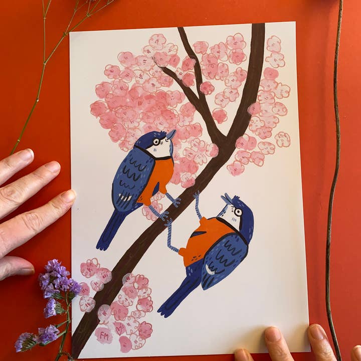 A Romantic Pair of Blue Tits in tree hand painted Art Print for wholesale by Fernandes Makes