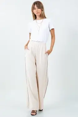 CONTRAST PIPING DETAILED STRAIGHT LEG TROUSERS - BEIGE for wholesale on Faire3