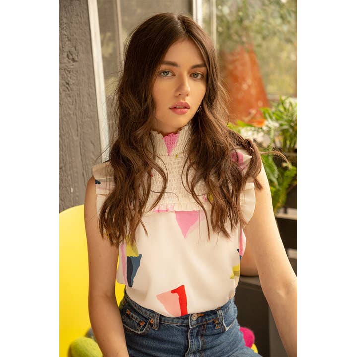 Printed Cream Top with Smocked Neck and Flutter Sleeves for wholesale by THML