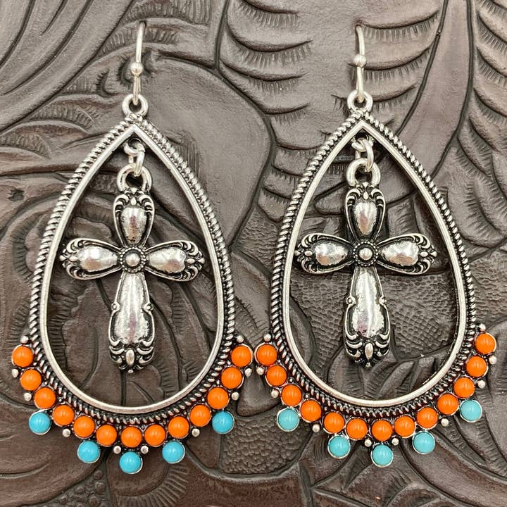 Cross In Teardrop Cut Out Western Navajo Dangle Earrings for wholesale by Lunar Deer