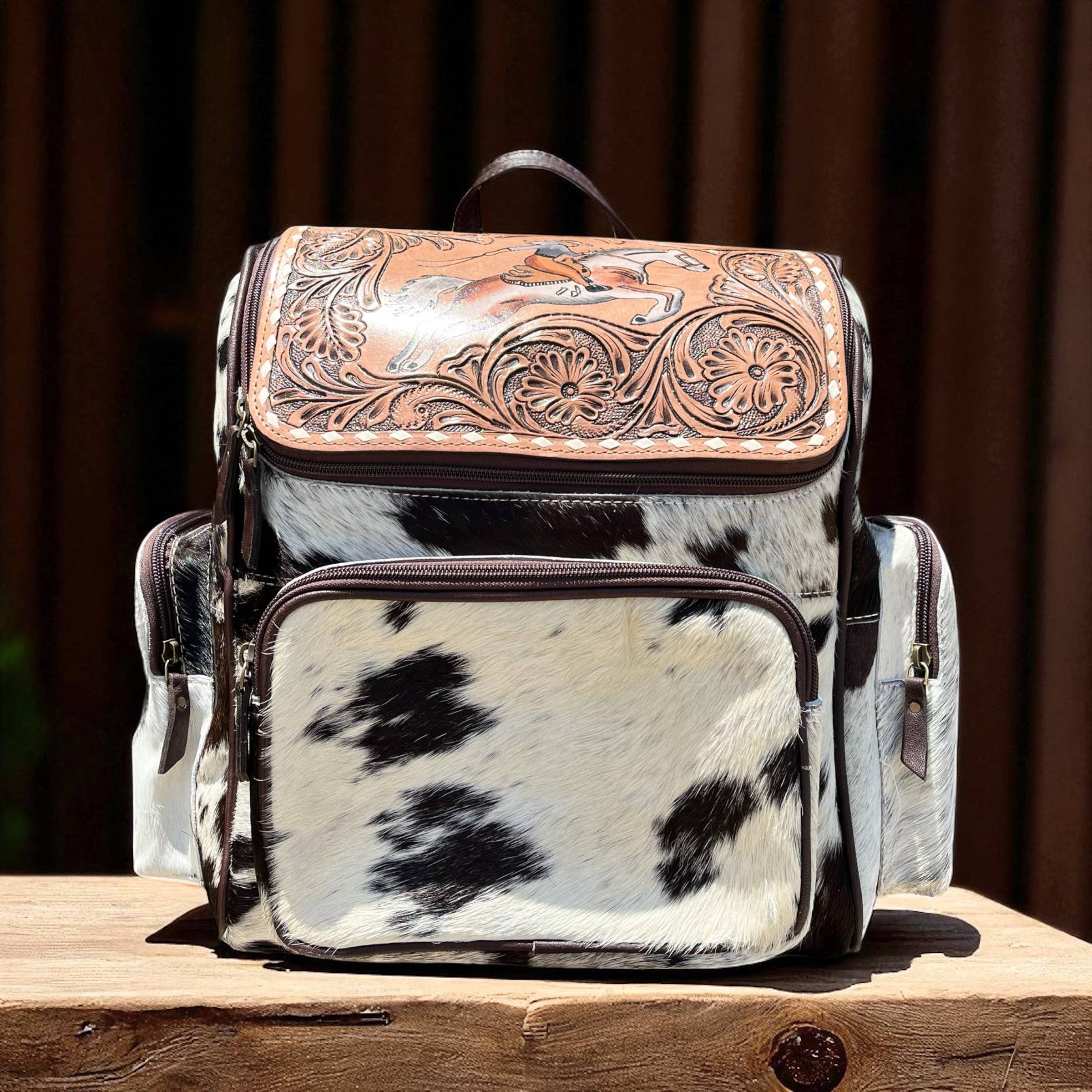 Western Linens - Wholesale Backpack - Women's - Horse tooled leather & cowhide backpack 0