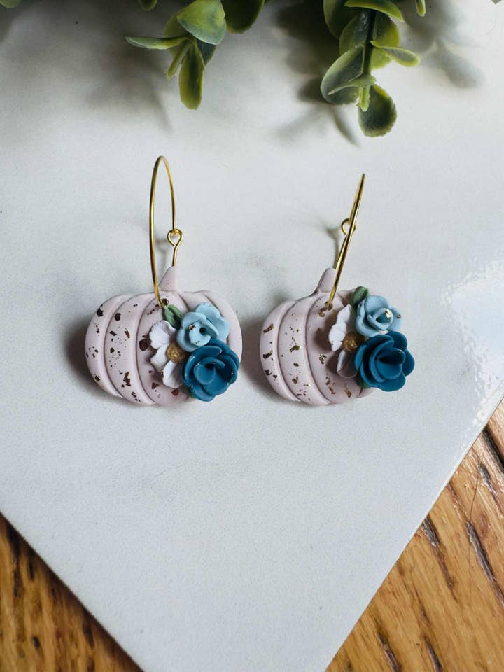 Floral Pumpkin Hoop Fall Handmade Unique Clay Earrings for wholesale by KBH CREATIONS