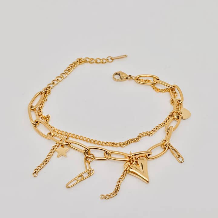 Mio Queena - Wholesale Charm/Dangle Bracelet - Star Heart Charm 18K Gold Plated Double Chain Bracelet - FGS
