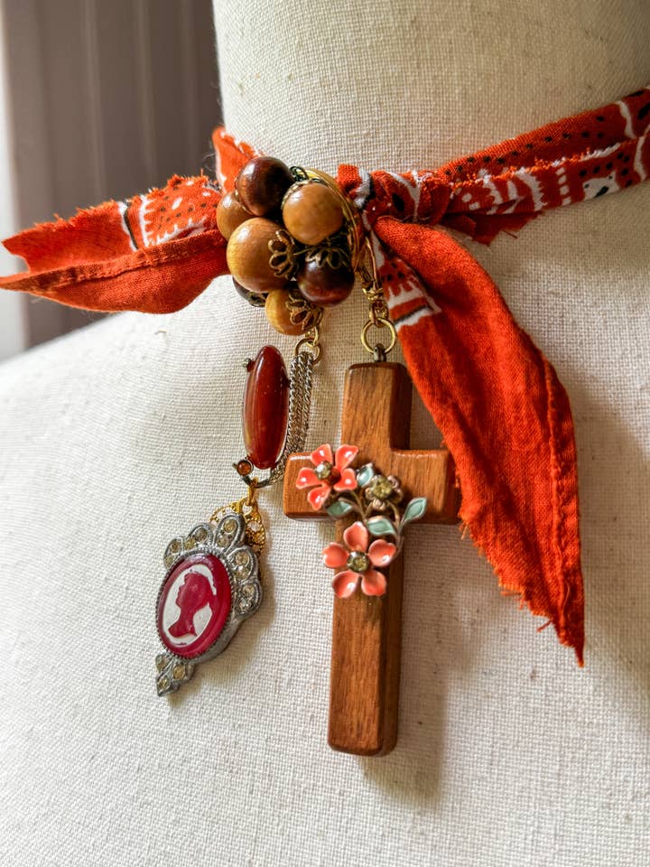 Western Boho Bandana Cross Cameo Charm Necklace, Handmade for wholesale by Jo Noelle