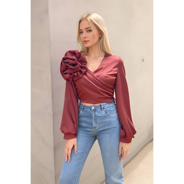 X0179LT Satin Flower Shoulder Blouse for wholesale by XHHH Inc