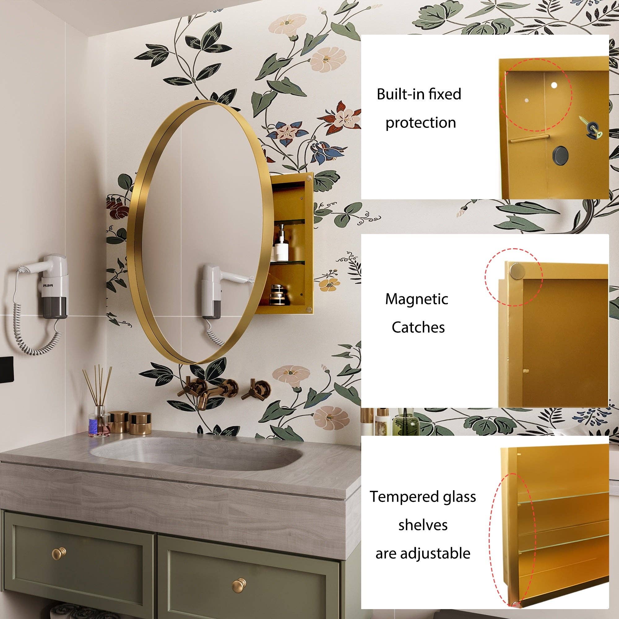 39F Inc. - Wholesale Wall Mirror - 31.5" Matte Gold Round Metal Medicine Cabinet - Mirror9