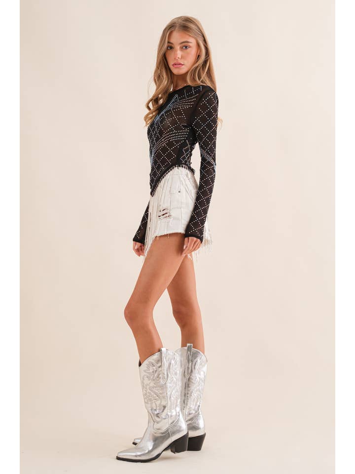 BLACK 32974T - Stretch Mesh Studded Rhinestone Fringe Long SLV Top for wholesale on Faire