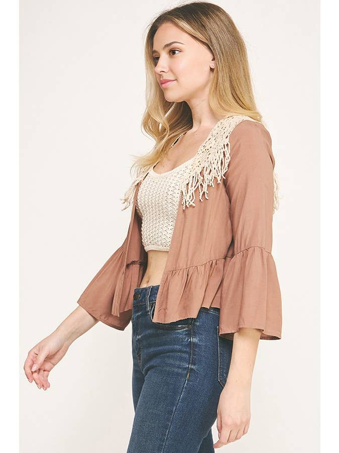 Sunday Morning - Wholesale Cardigan - Women's - J5036L16/CROCHET FRINGE THREE QUARTER SLEEVECARDIGAN11