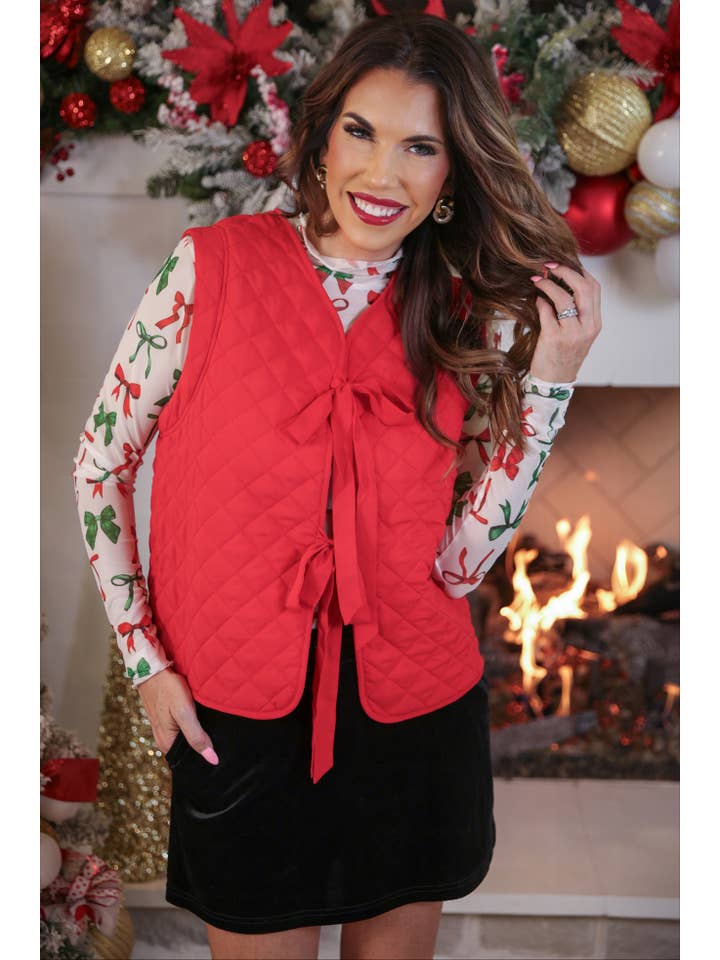 Twila Quilted Tie Vest- Red for wholesale on Faire5