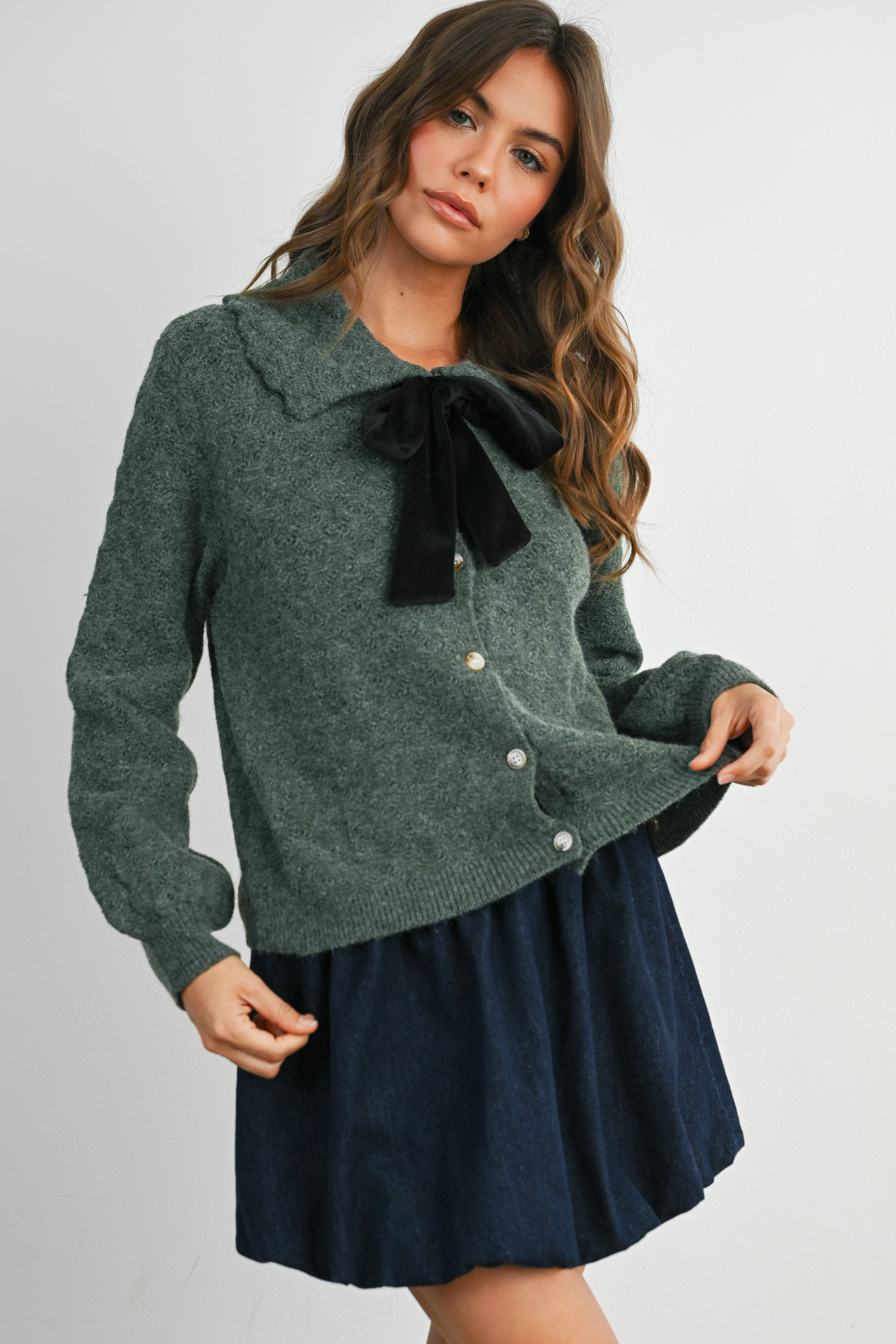 BUTTERMELON - Wholesale Cardigan - Women's - Button-Up Bow Front Collared Long Sleeve Top - BMC77767