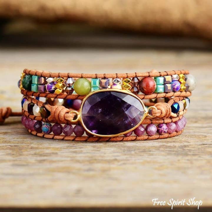 Pulsera envolvente de amatista natural y lepidolita para venta al por mayor de Free Spirit Shop