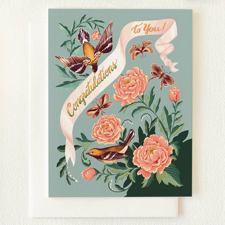 Songbird & Peony Blank Greeting Card :Congratulations to You for wholesale by Folk Meadow
