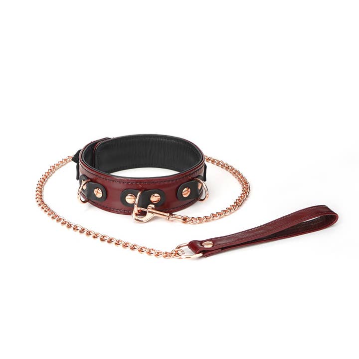 Liebe Seele - Wholesale Pet Collar - Dog - Wine Red - Leather Collar with Leash, Rose Gold Metal Hardware