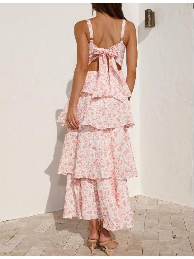Rosa Clothing - Wholesale Dress - Women's - Bow Party Floral Maxi Tiered Dress