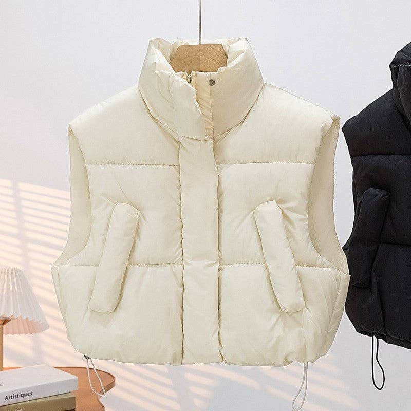 FurDecoration – Großhandel Oberbekleidungsweste – Damen – Farblich einfarbige, dicke, locker sitzende kurze Baumwollweste mit Stehkragen3