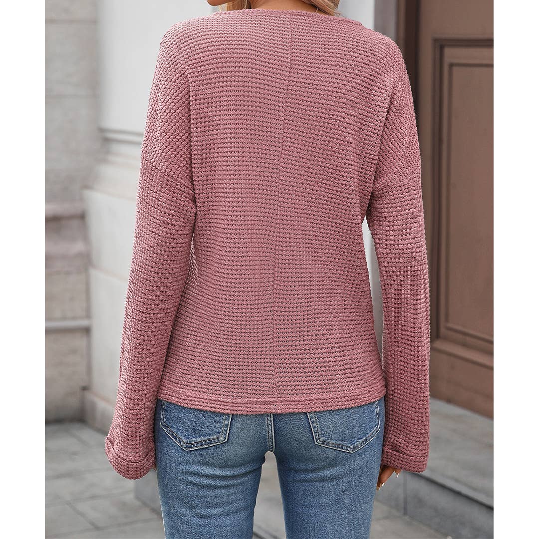 UNISHE - Wholesale Blouse - Women's - Striped Waffle Knit Long Sleeve Top MD23718