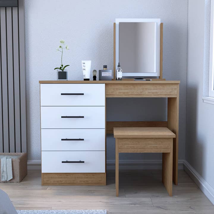 Roxx Makeup Dressing Table, Four Drawers, White/Pine Finish for wholesale by Treevol Furniture