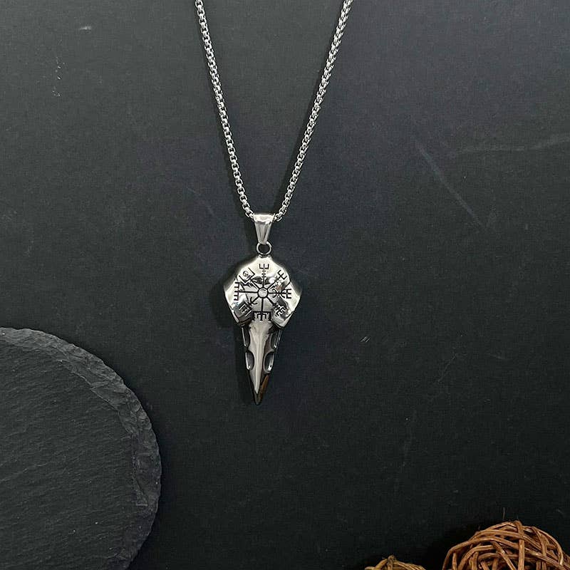 GemMeet - Wholesale Pendant/Charm Necklace - Vintage Viking Raven Head Compass Pendant Necklace3