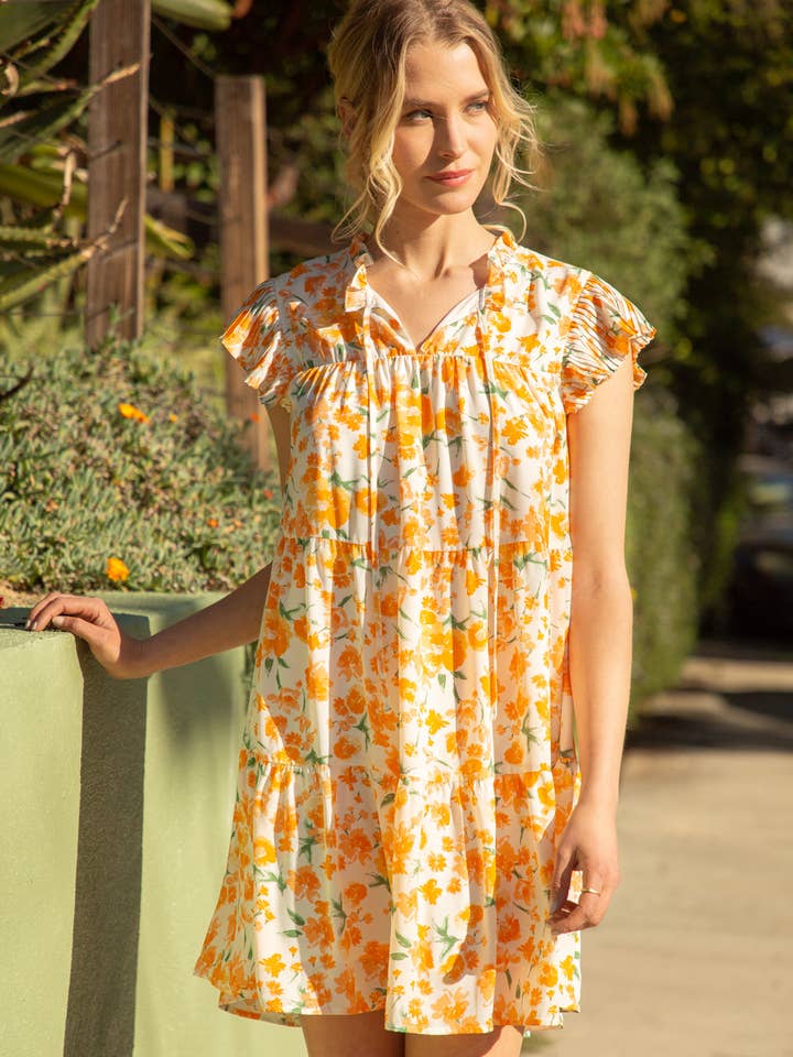 32442-1 Pleated Sleeve Tiered Floral Dress for wholesale by VOY