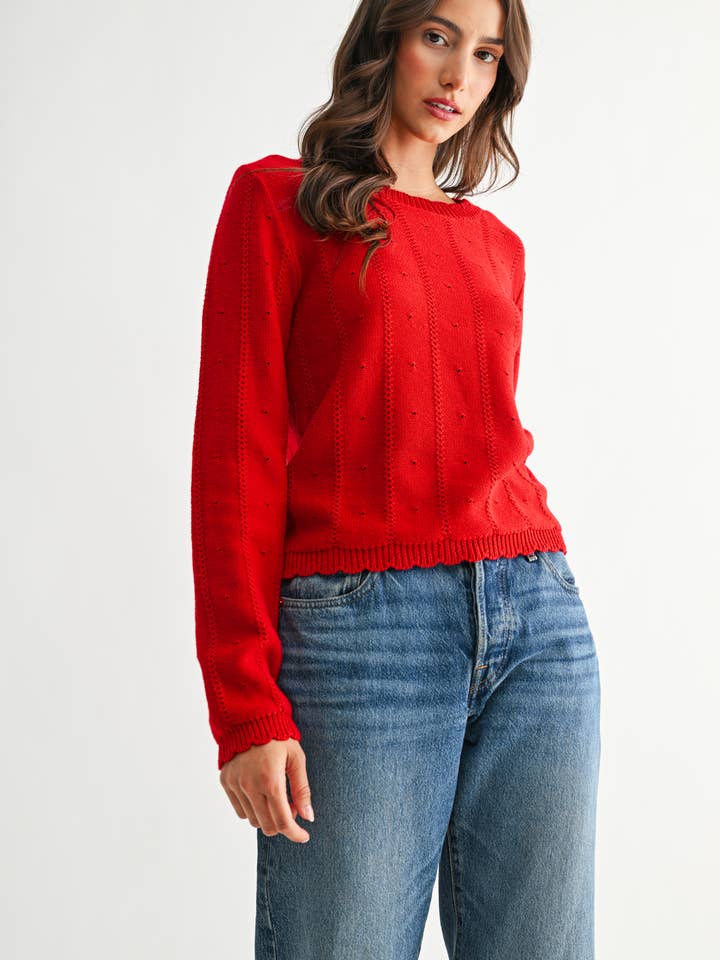 CJW26994 Kersrood Pointelle Gebreide Trui voor wholesale door Camellia