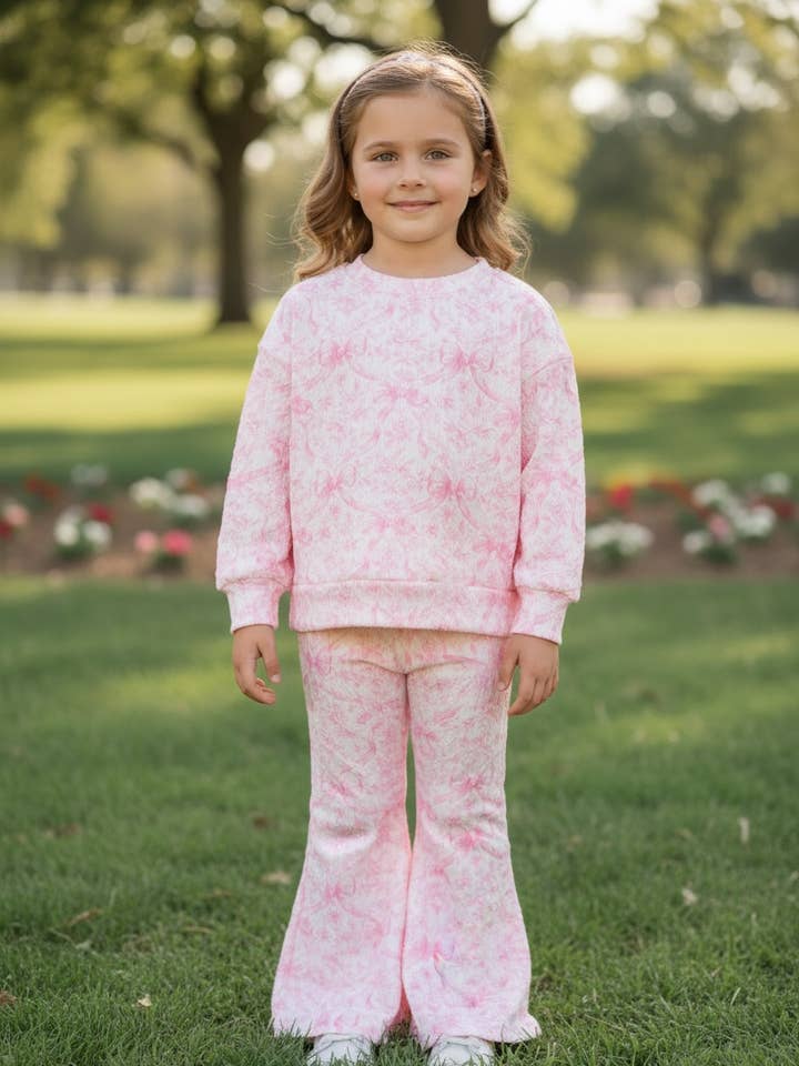 Coquette bow printed two piece set. OFG60410 AMY for wholesale by Kids Charm Online