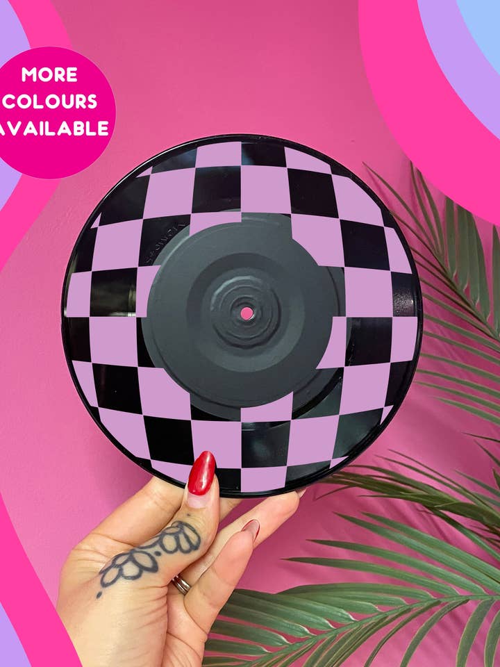 Checkerboard upcycled vintage 7" LP vinyl record home decor for wholesale by Buba Goods
