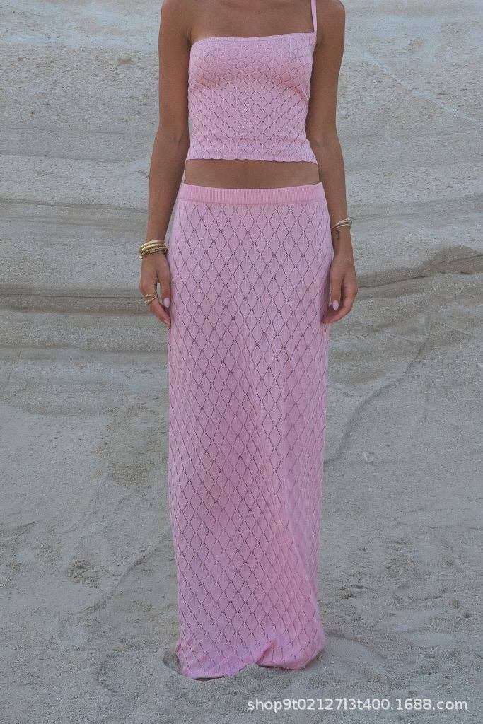 Set rosa Completo estivo chic Marayn: top corto lavorato a maglia e gonna lunga in vendita all'ingrosso su Faire0