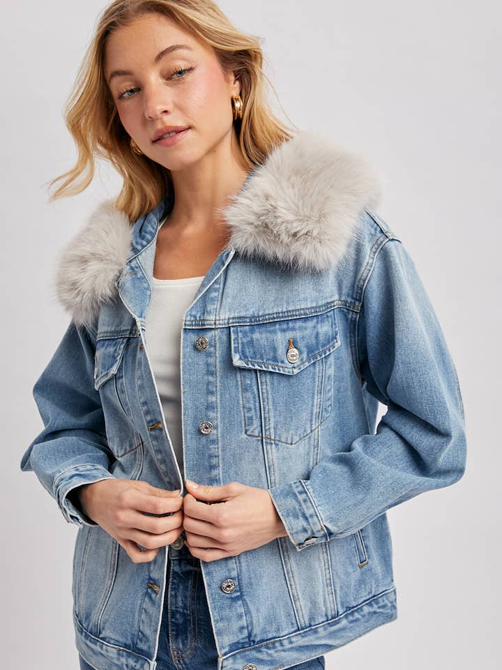 DENIM BUTTON DOWN DETACHABLE FAUX FUR JACKET for wholesale by Bluivy