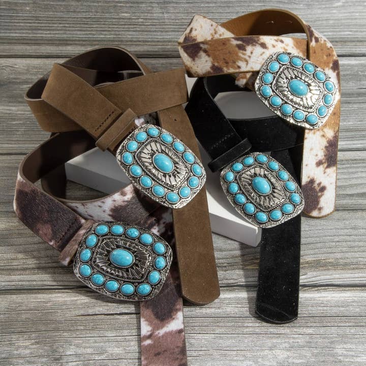 Turkis sten vestlig concho spænde vegansk læderbælte for engroshandel hos Collections by Fame Accessories