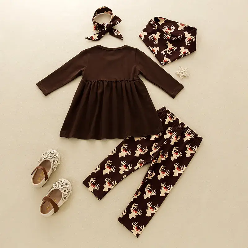 Fennco Styles - Wholesale Clothing Set - Baby - Brown-Yellow Reindeer 4pcs Girl Outfit 1