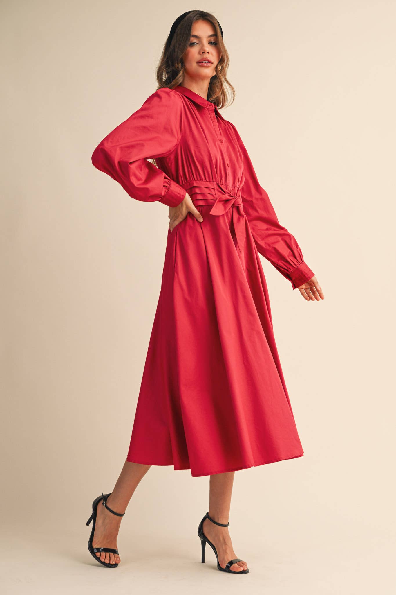 &MERCI - Wholesale Dress - Women's - PINTUCK WAIST TIE FRONT MIDI DRESS MDR421934