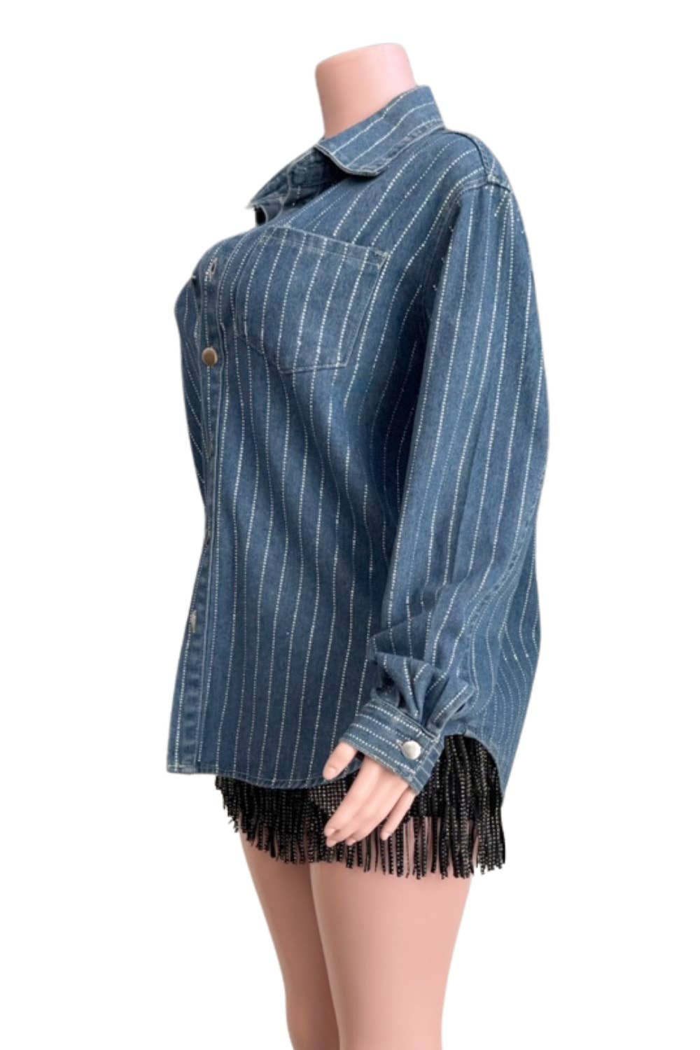 DENIM Chemise en denim NT1018A à rayures et strass partout avec boutons en vente sur Faire2