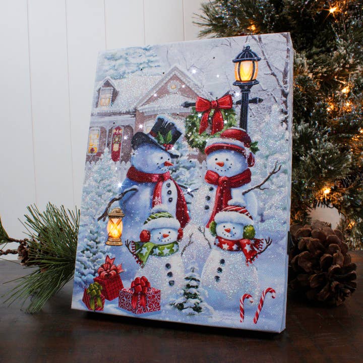 Frosty Family Fun 8x6 Lighted Tabletop Canvas for wholesale by Glow Decor