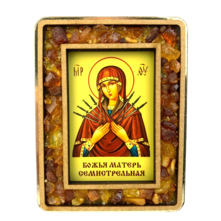 Amber Orthodox Icon Seven Arrows – Virgin Mary Semistrelnaya, Handmade with Natural Baltic Amber, KIZIMA, Made in USA for wholesale by KIZIMA