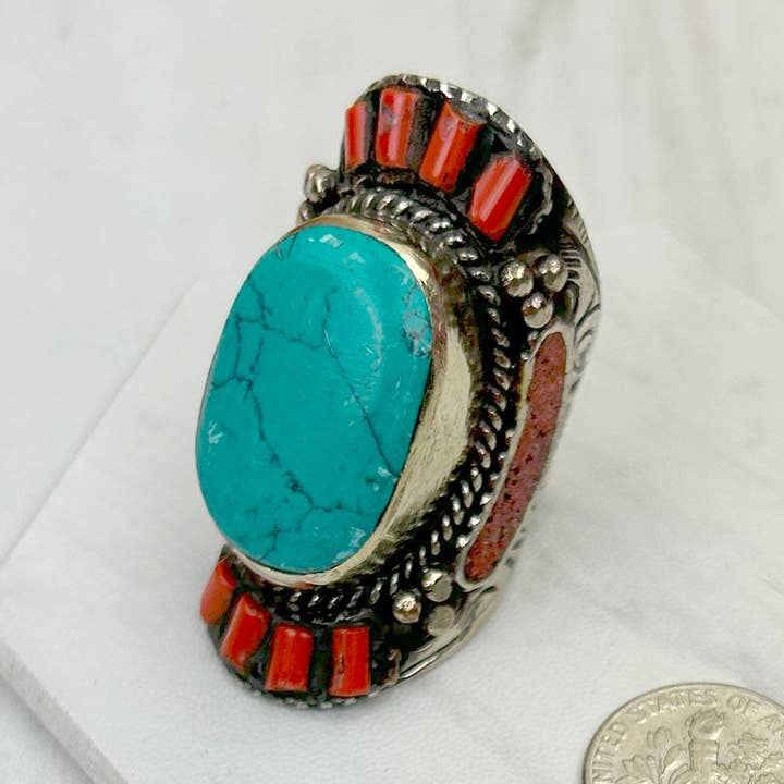 RG240721-40 Prata alemã com brincos azul turquesa e coral vermelho por atacado de Western Elite Jewelry