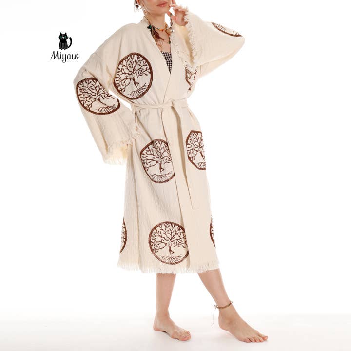 Brown Tree of Life Stamp Bathrobe - Boho Handcrafted Beach Kimono and other Purchase Wholesale pure life. Free Returns & Net 60 Terms on Faire trending on Faire.