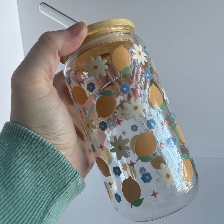DesignedbyKendal - Wholesale Drinking Glass/Cup - Flowers and Lemons Glass Cup with Bamboo Lid and Glass Straw7