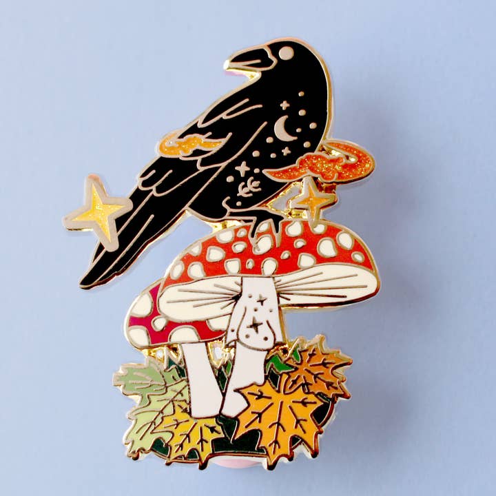 Mushroom Crow Enamel Pin for wholesale by Glitter Punk