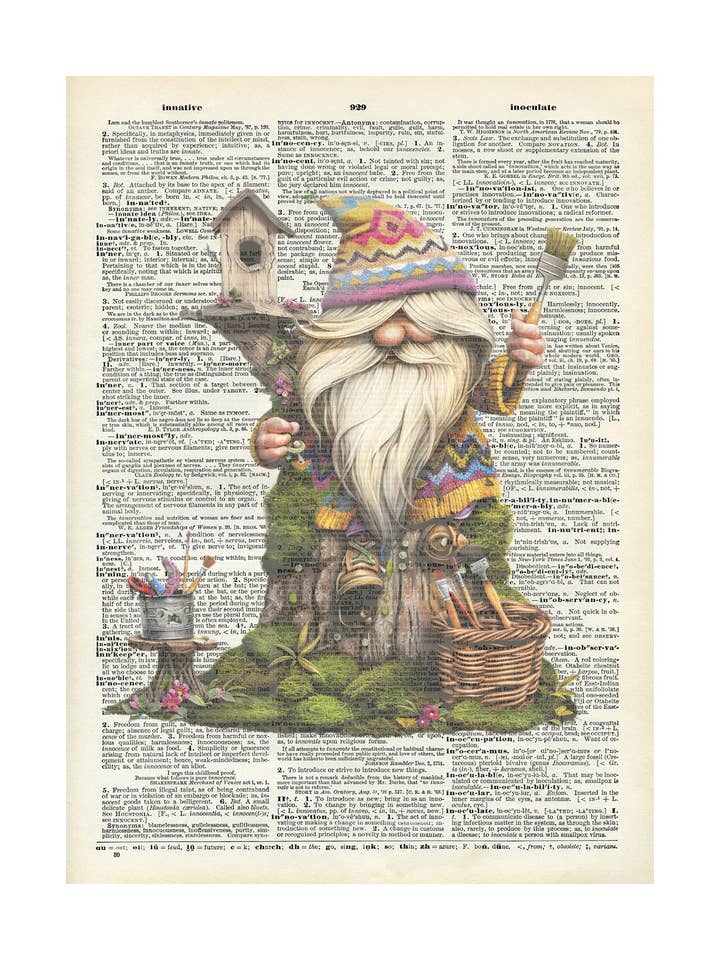 Gnomo, natura, unico, arte, stampe di dizionario vintage per la vendita all'ingrosso da parte di Crazilyhumbledesigns