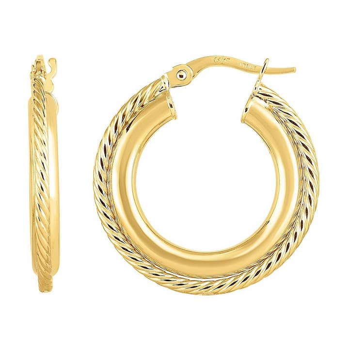 14kt Gold Yellow Finish 4x15 mm Shiny Round Hoop Fancy Earring with Hinged Clasp for wholesale by The Diamond Deal
