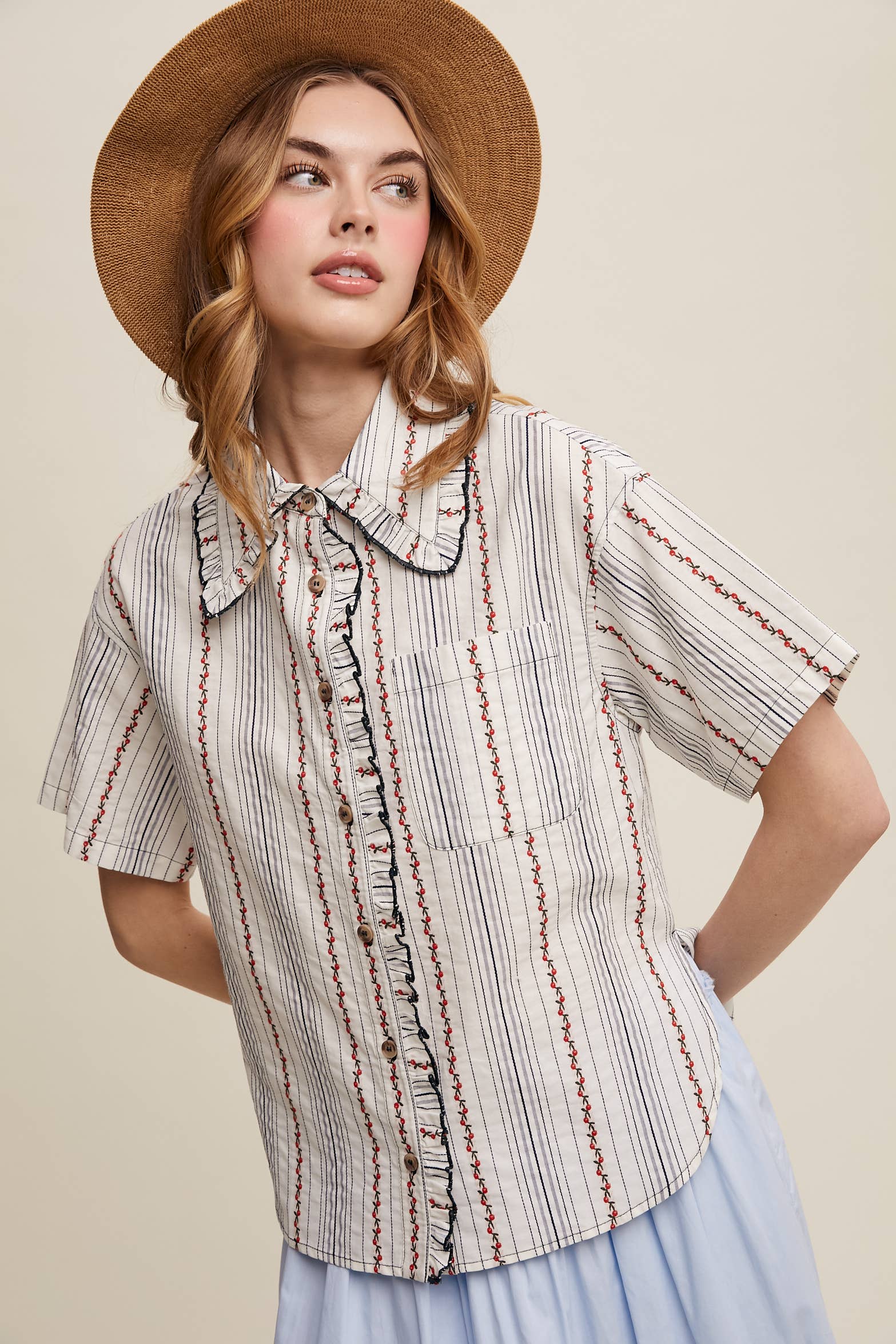 Listicle - Wholesale Button Down Shirt - Women's - Striped Embroidered Button-Down Blouse16