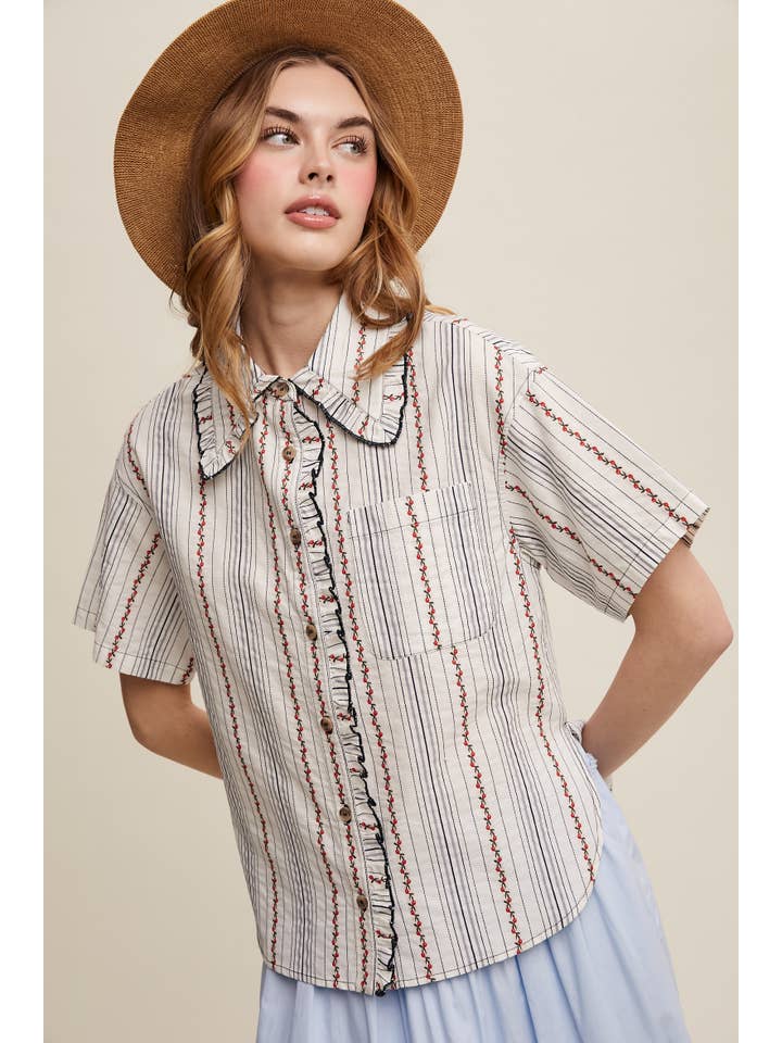 Listicle - Wholesale Button Down Shirt - Women's - Striped Embroidered Button-Down Blouse16