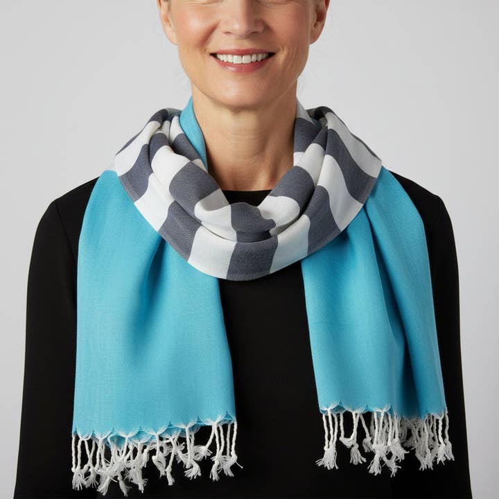 Handwoven Nautical Stripe with Turquoise Band Scarf for wholesale by Dandarah (Ships from USA)