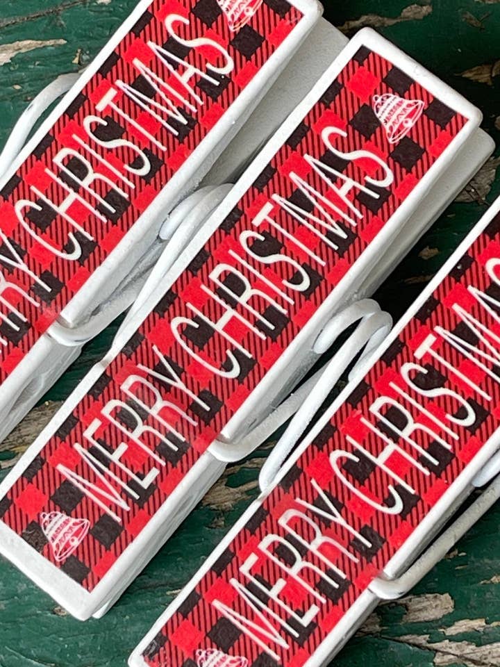 NEW Buffalo Plaid Merry Christmas Clothespin Chip Clip for wholesale by NanCBeeCreations