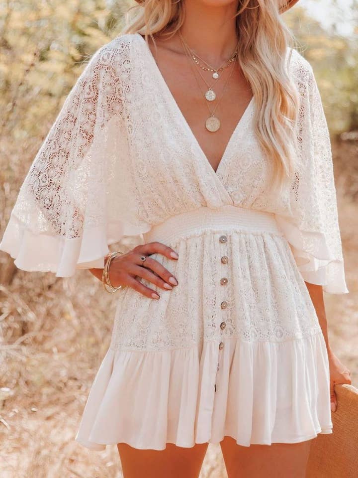 Lace Cutout Surplice Half Sleeve Dress for wholesale by Beyond Apparel