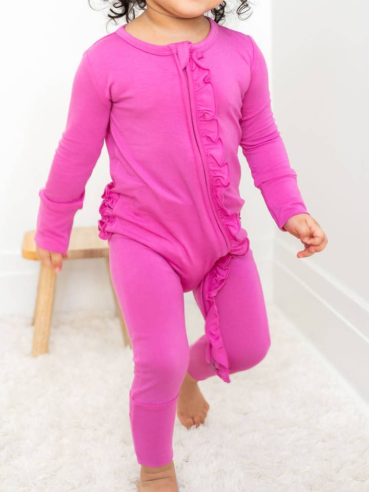 Laree + Co. - Wholesale Sleepsuit - Baby - Korrie Pink Bamboo Ruffle Convertible Footie0