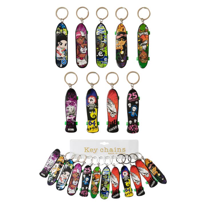 ASSORTED GRAPHIC SKATEBOARD KEY CHAIN 626-16 (12PC) for wholesale on Faire