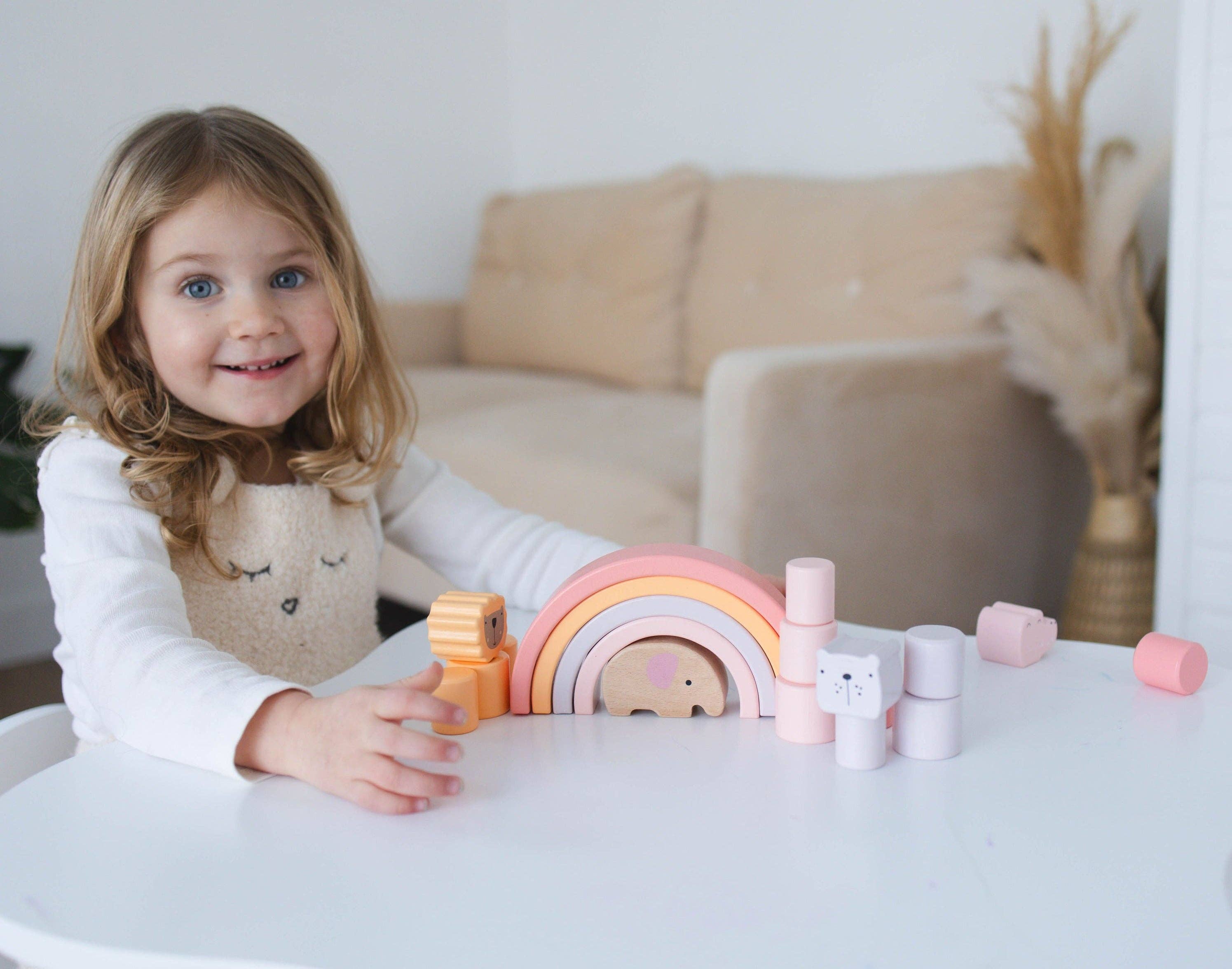 Spirit 'N Sprout - Wholesale Stacking Rings Game - Baby - Pink Animal Stacking Set - 21 Pieces included with Storage Bag - Wooden Rainbow Stacker Gift for Girls1