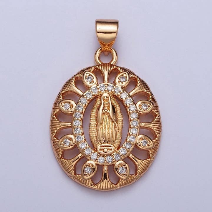 Gold Micro Paved CZ Lady Guadalupe Oval Medallion Pendant For DIY Religious Jewelry Making H-140 for wholesale by Aim Eternal